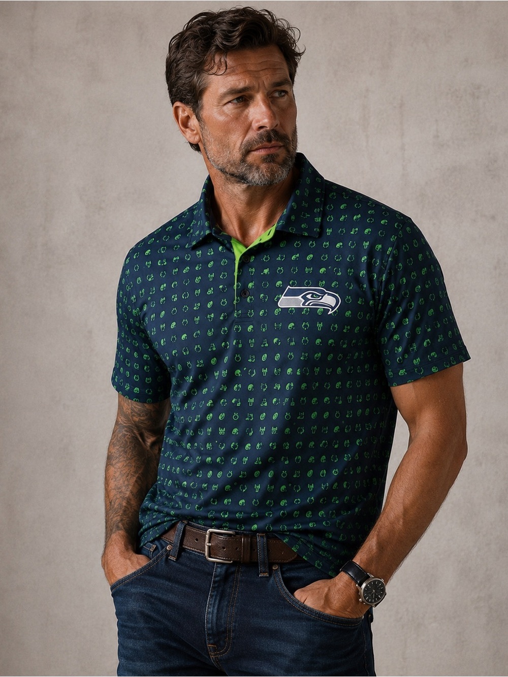 NWT Antigua Seattle Seahawks Navy Green Team Graphic Polo Shirt Size L